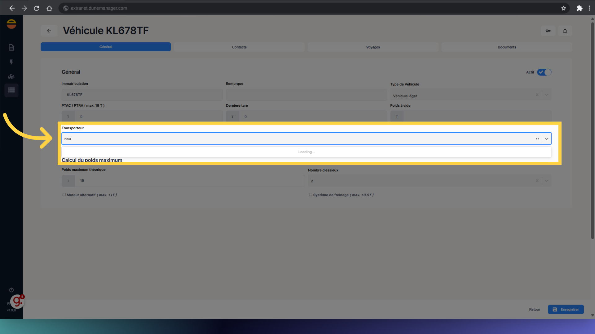 Remplir le nom du transporteur avec l'outil de recherche