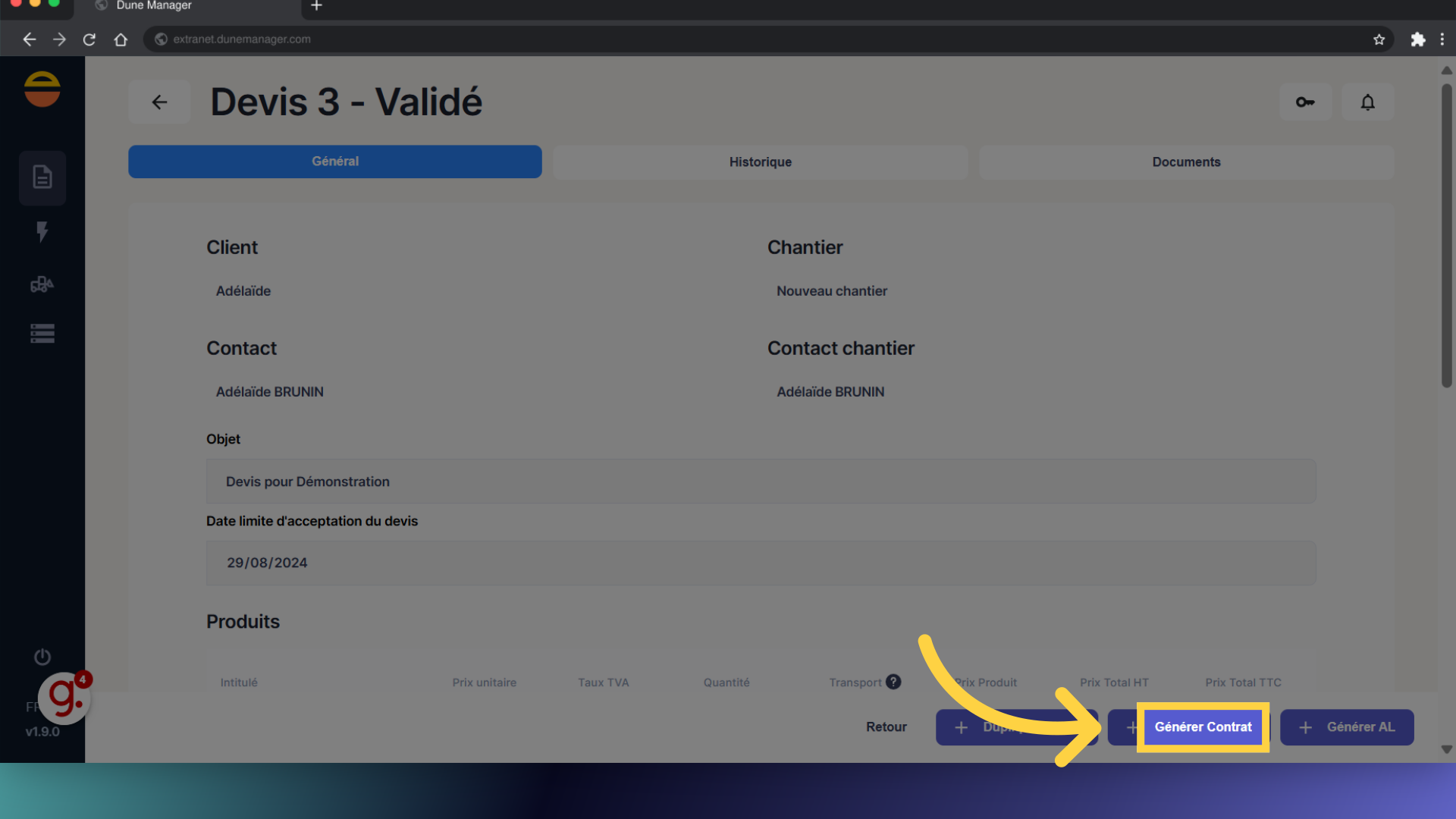 Cliquez 'Générer Contrat'
