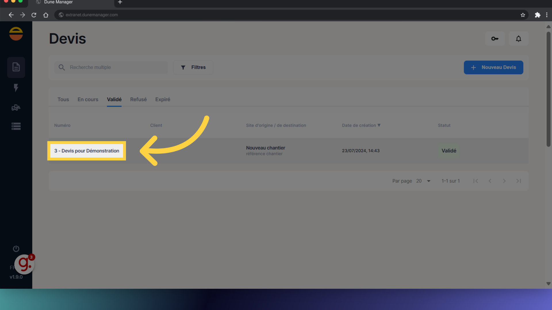 Sélectionnez le devis souhaité