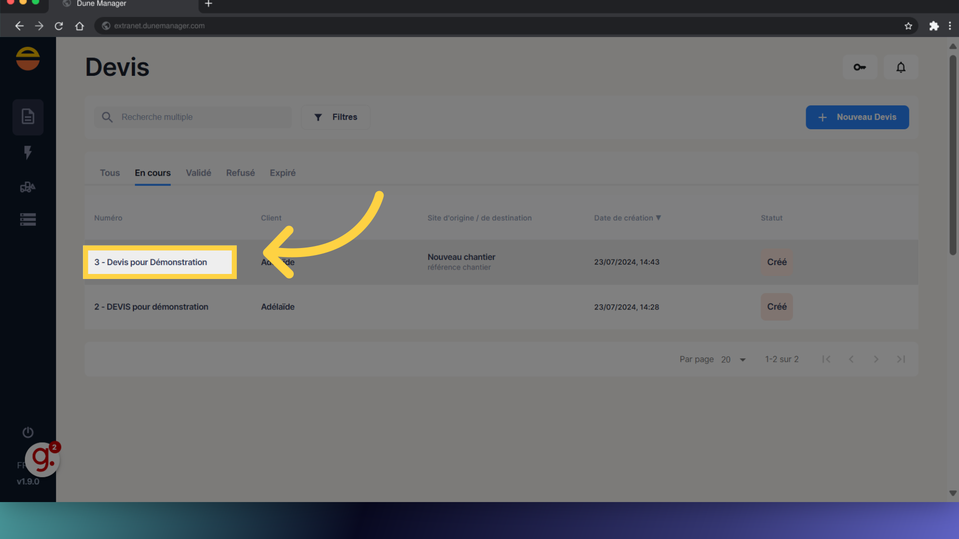 Sélectionnez le devis souhaité