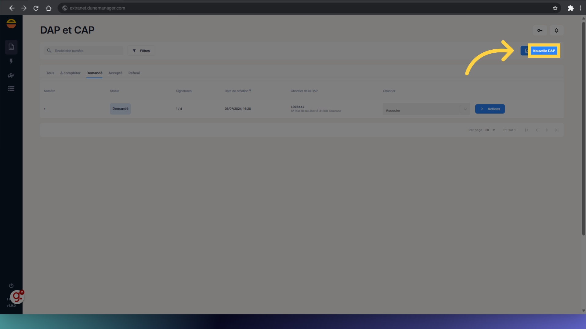 Cliquez 'Nouvelle DAP'