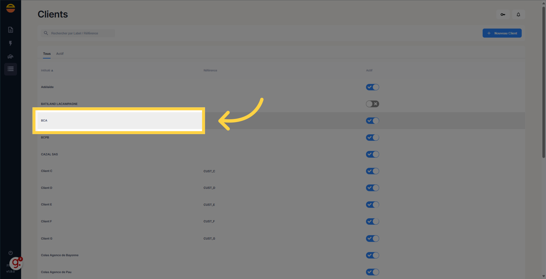 Cliquez sur la ligne du client souhaité