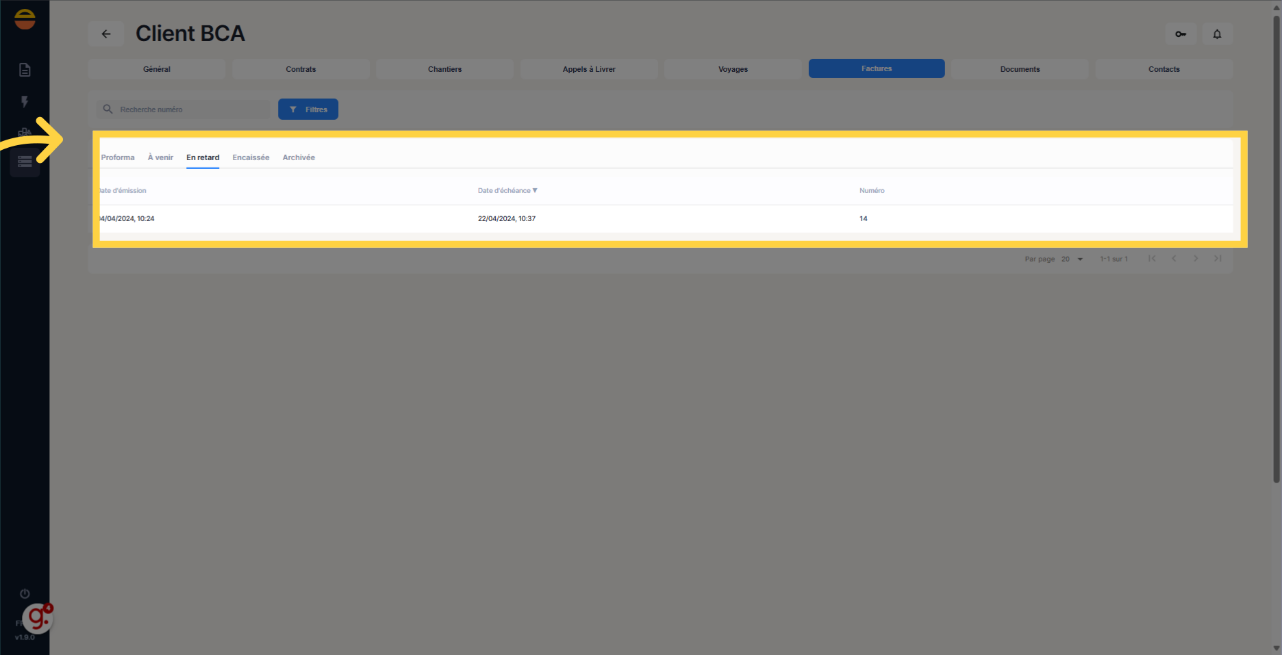 Visualisation de la liste des factures du client