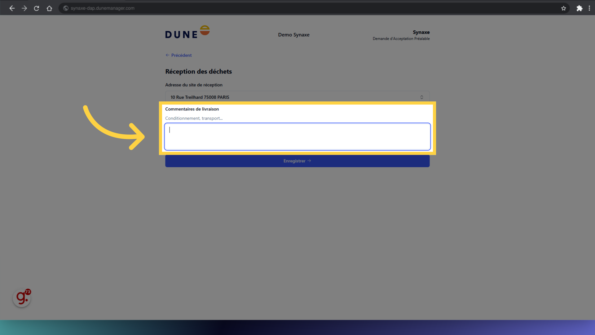 Si beosin, saisir 'Commentaires de livraison'