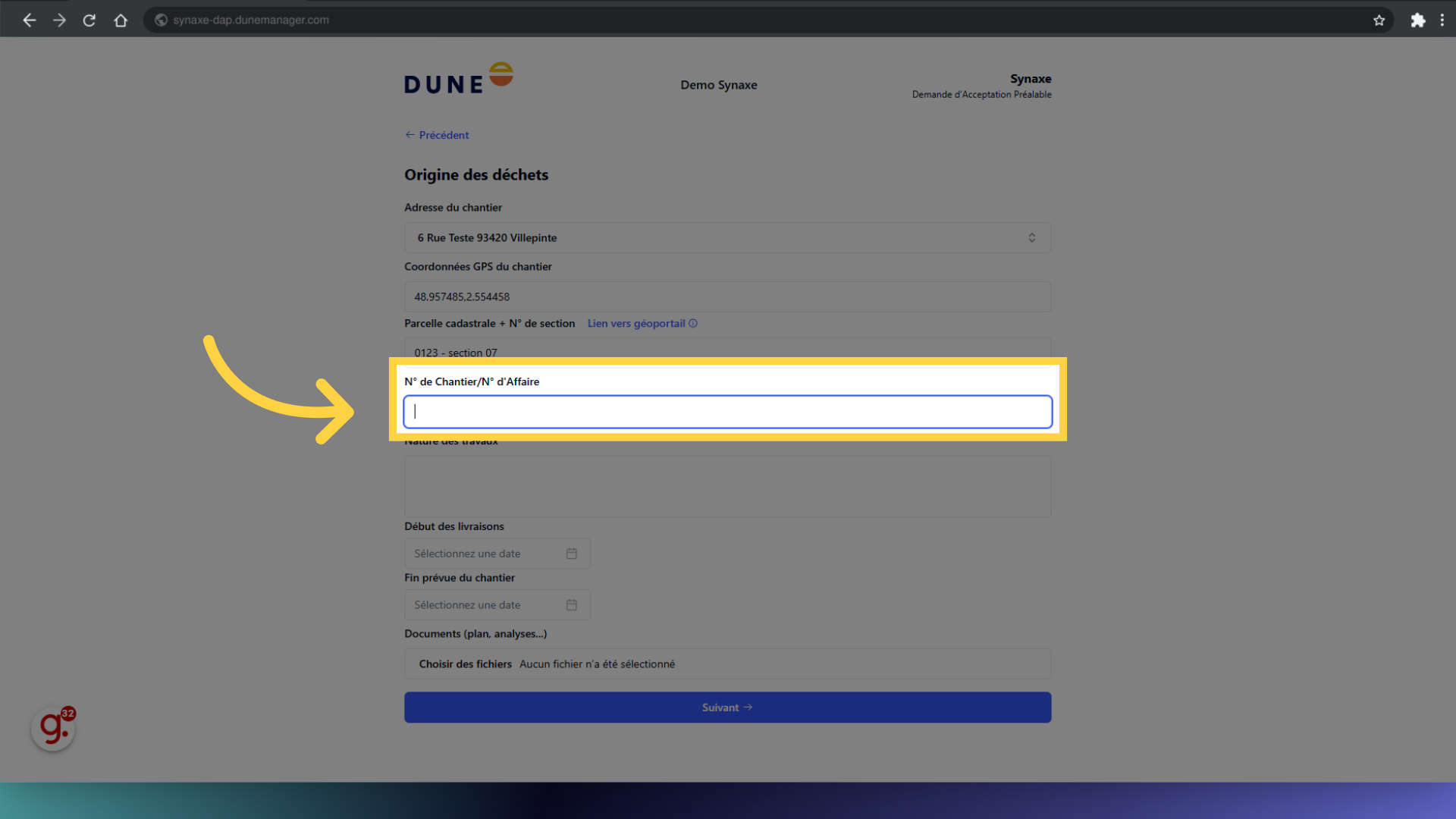 Si besoin, remplir 'N° de Chantier/N° d'Affaire' externe