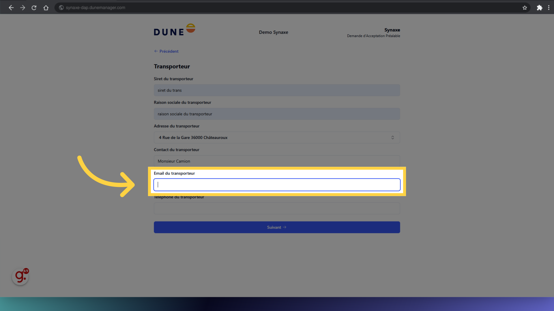 Remplir 'Email du transporteur'