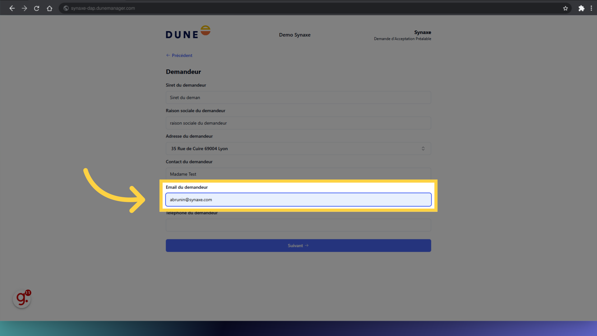 Remplir l'adresse mail du demandeur