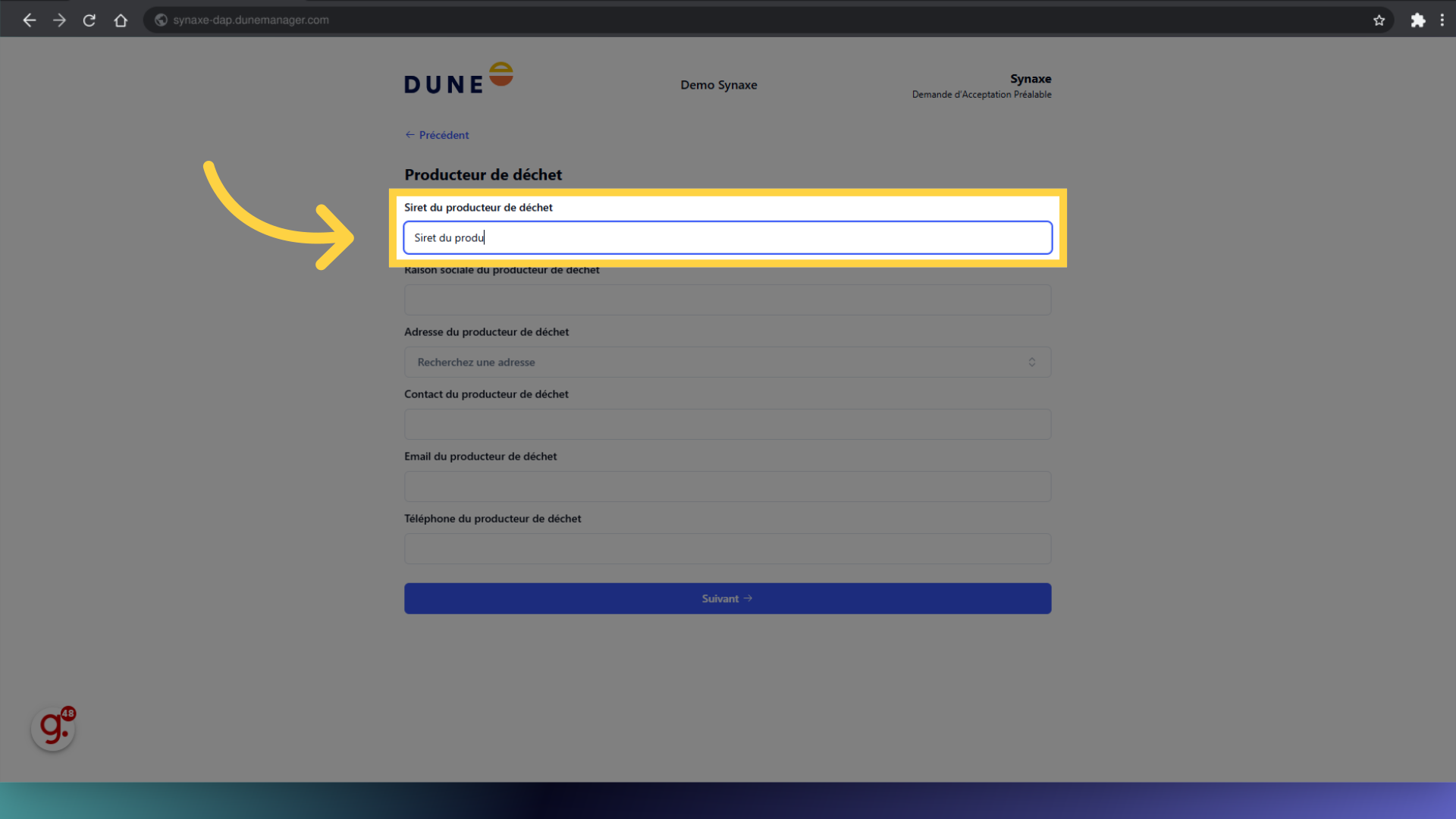 Remplir 'Siret du producteur'