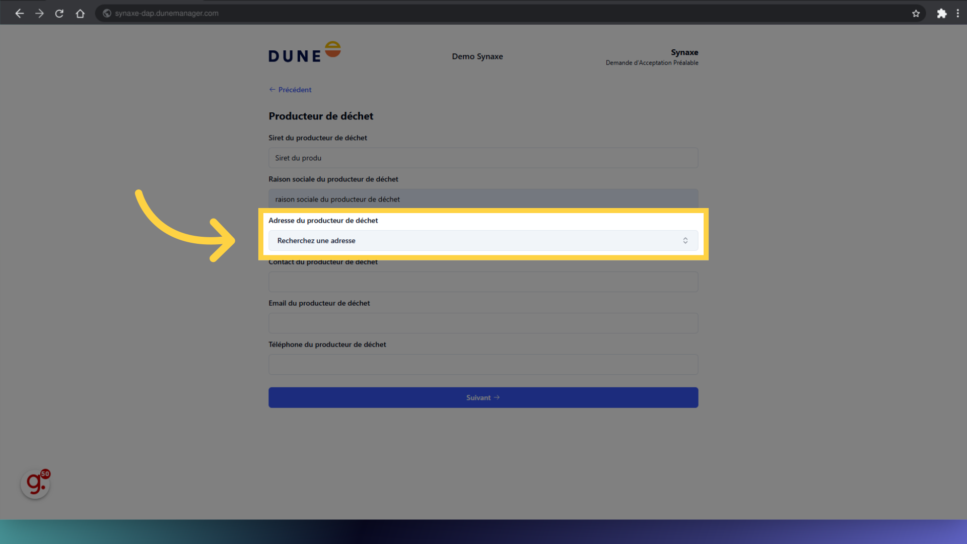 Cliquez 'Recherchez une adresse'