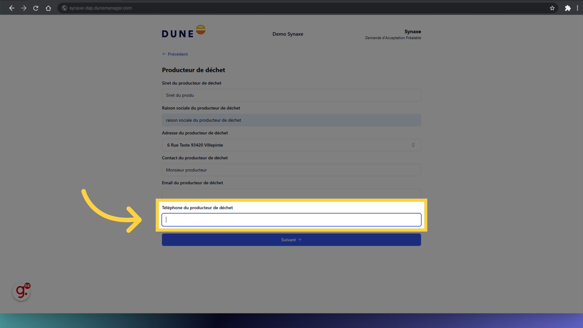 Remplir 'Téléphone du producteur de déchet'