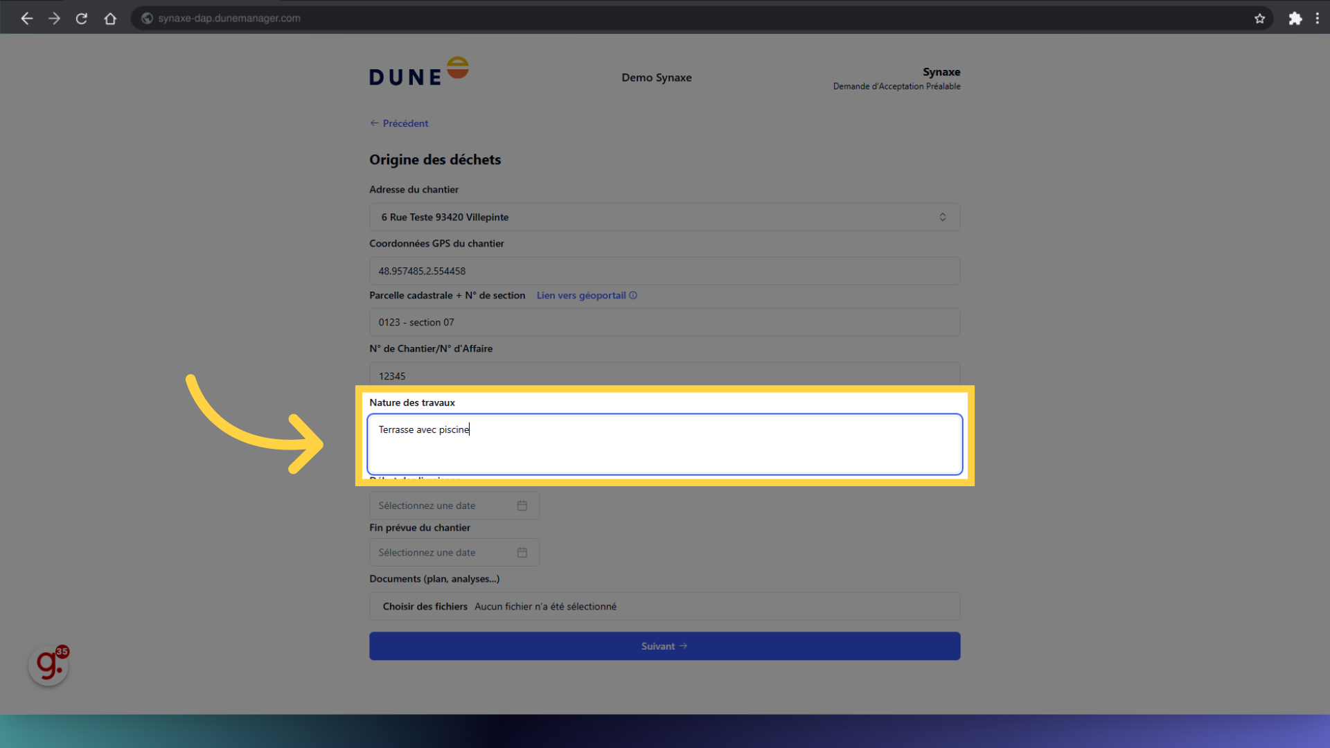Renseignez la nature des travaux