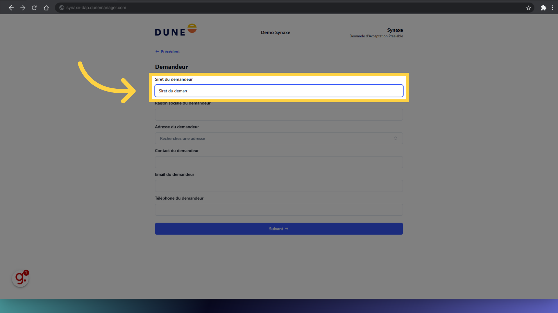 Remplir 'Siret du demandeur'