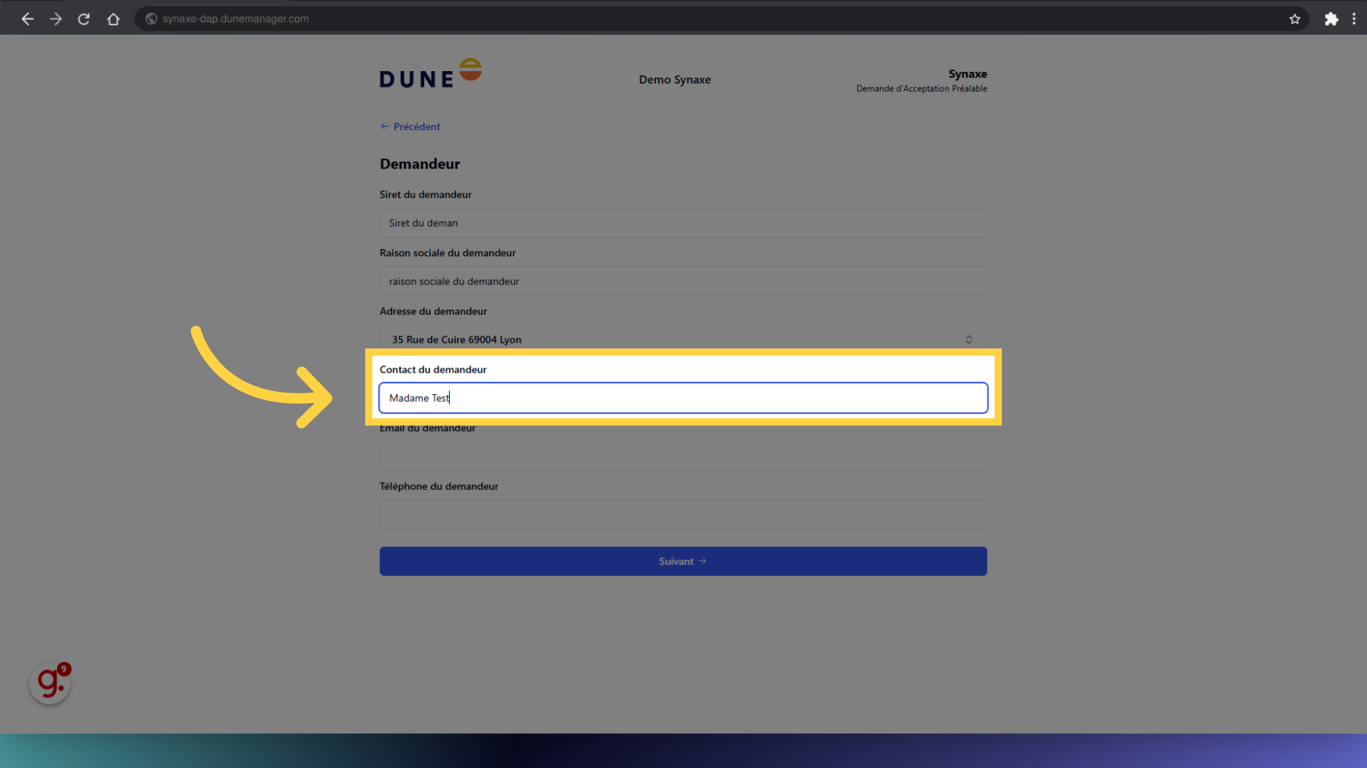 Remplir le contact du demandeur