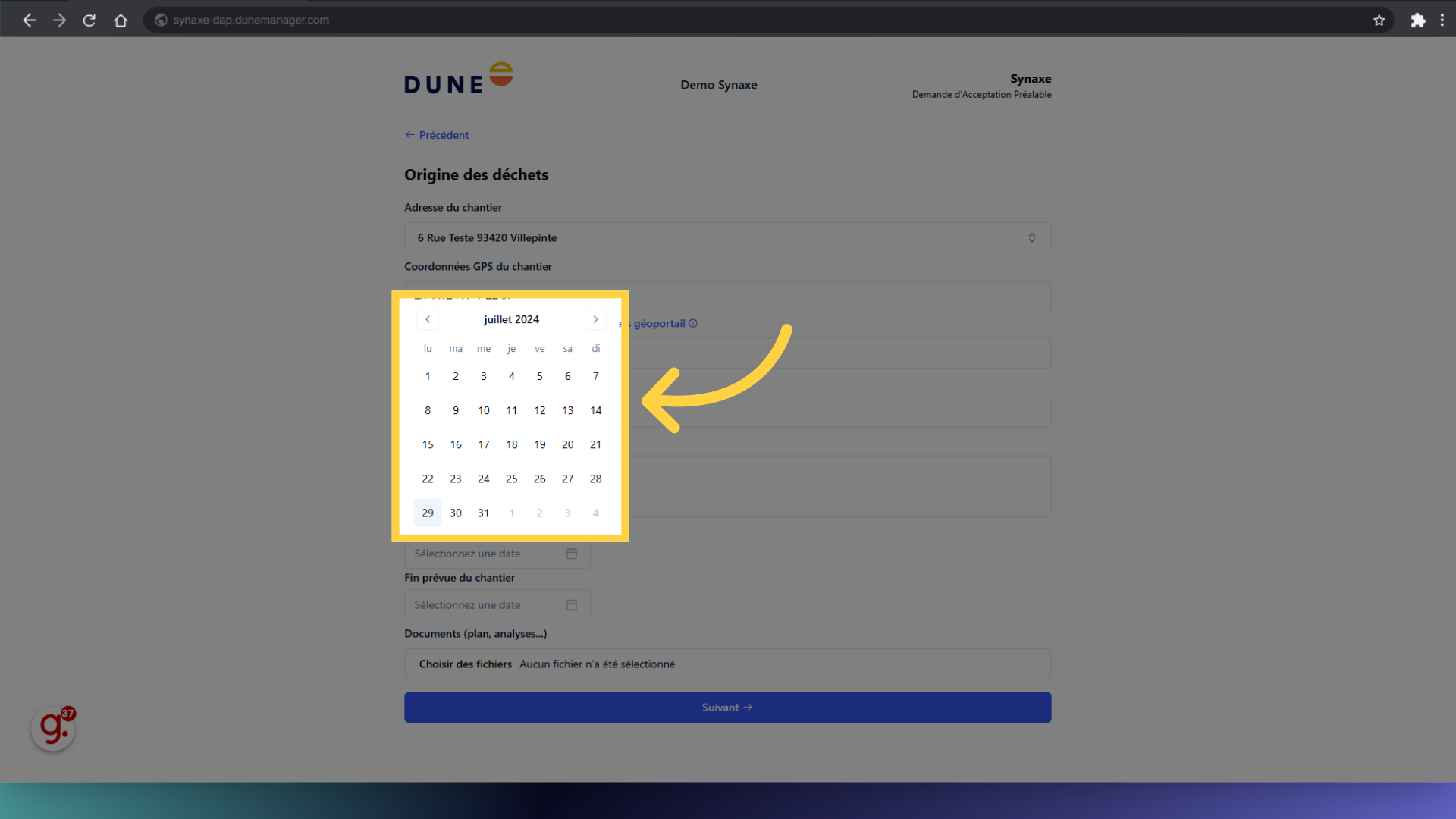 Saisir une date de début de livraison