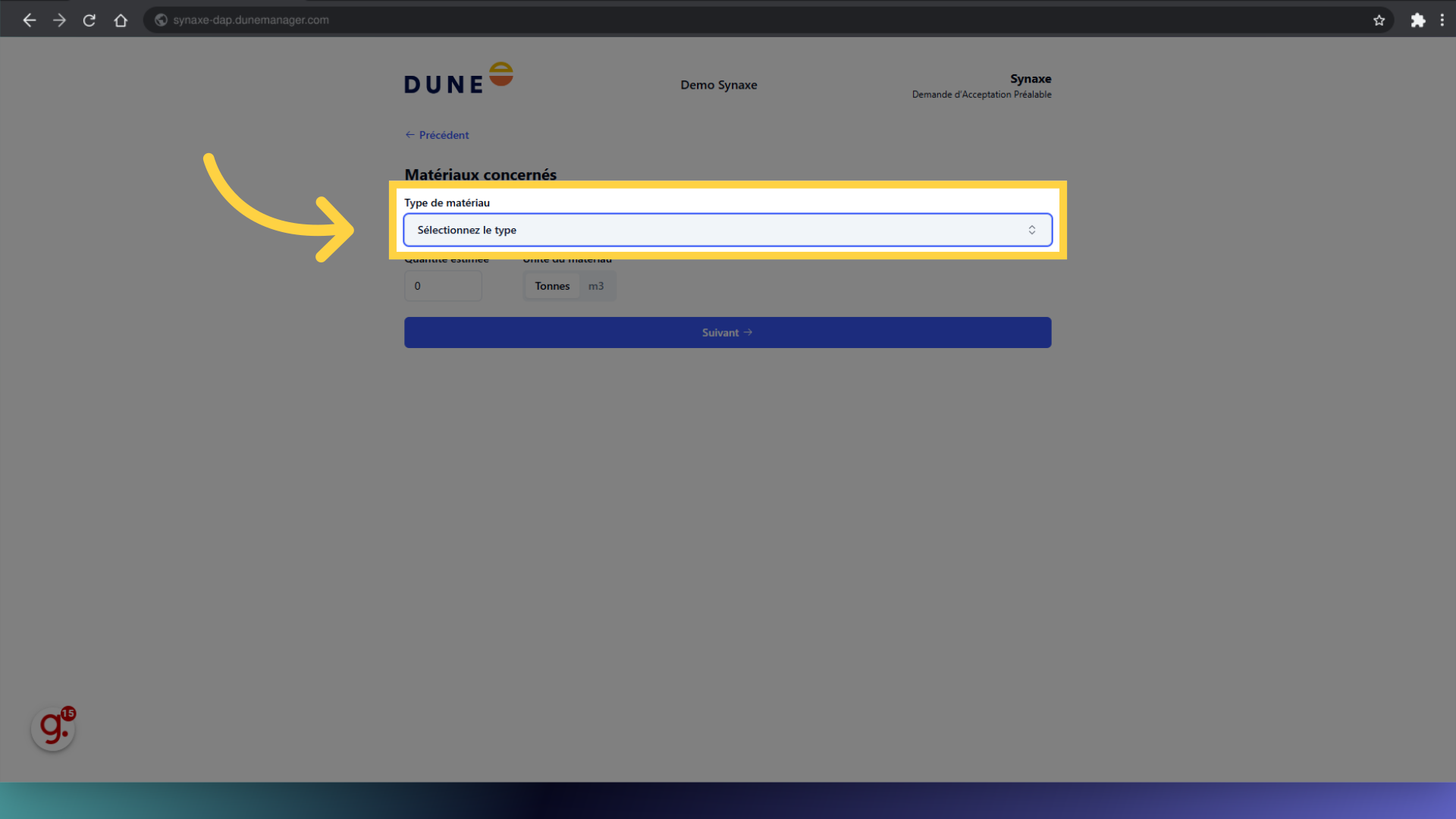 Cliquez 'Sélectionnez le type'
