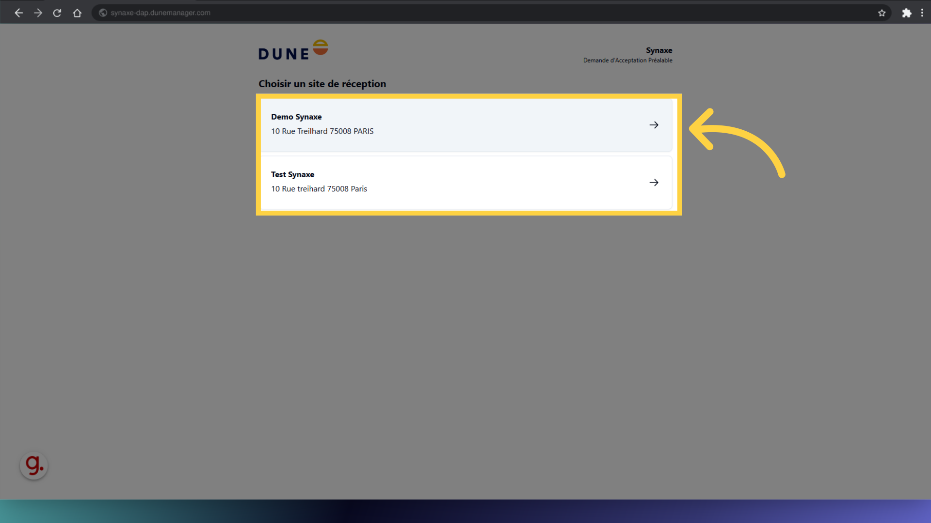 Sélectionnez le site de réception