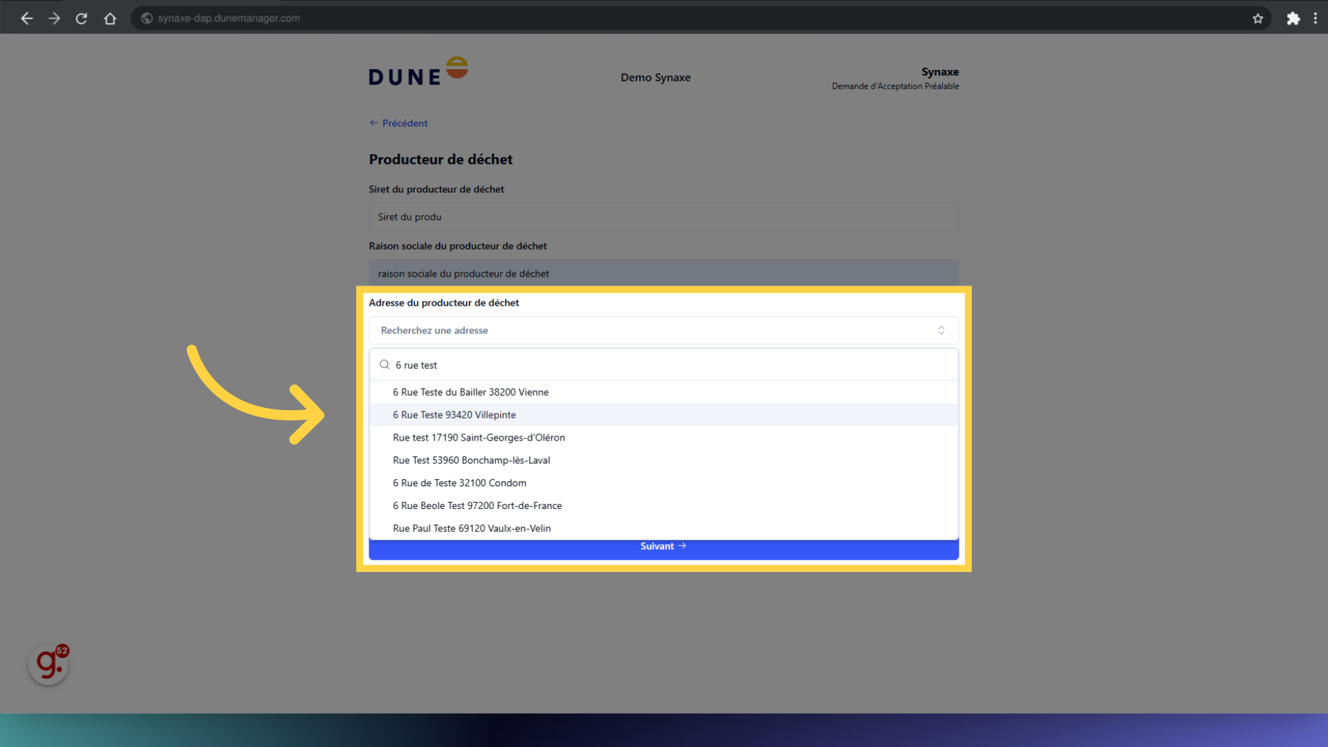 Remplir l'adresse du producteur de déchet