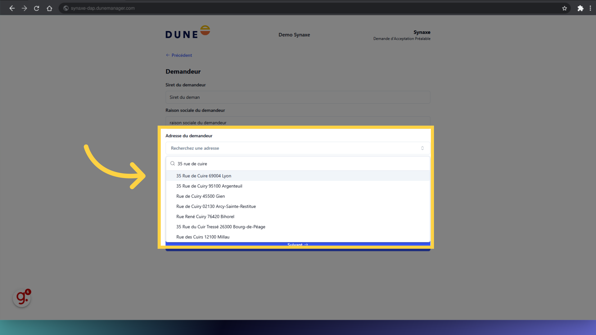 Remplir l'adresse du demandeur