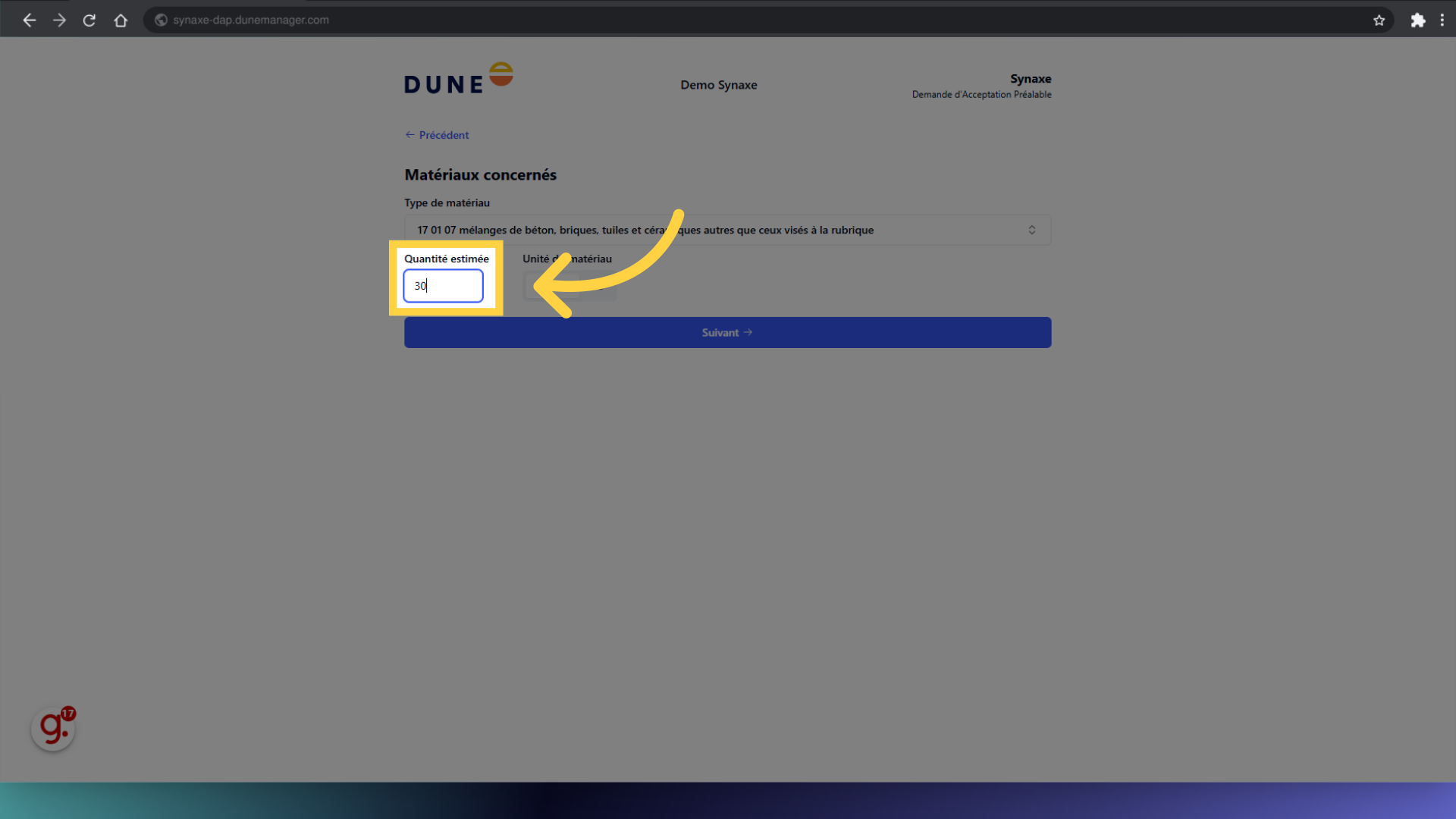 Remplir la quantité estimée