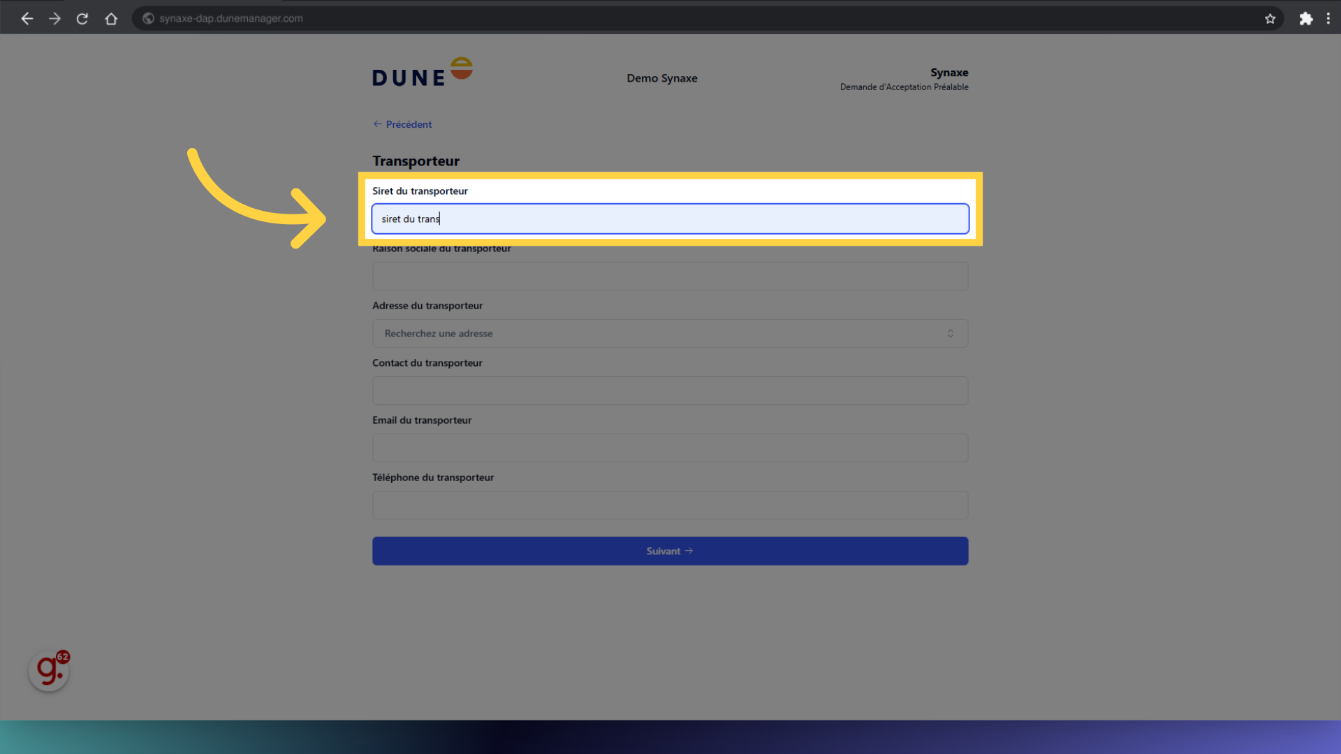 Remplir 'siret du transporteur'