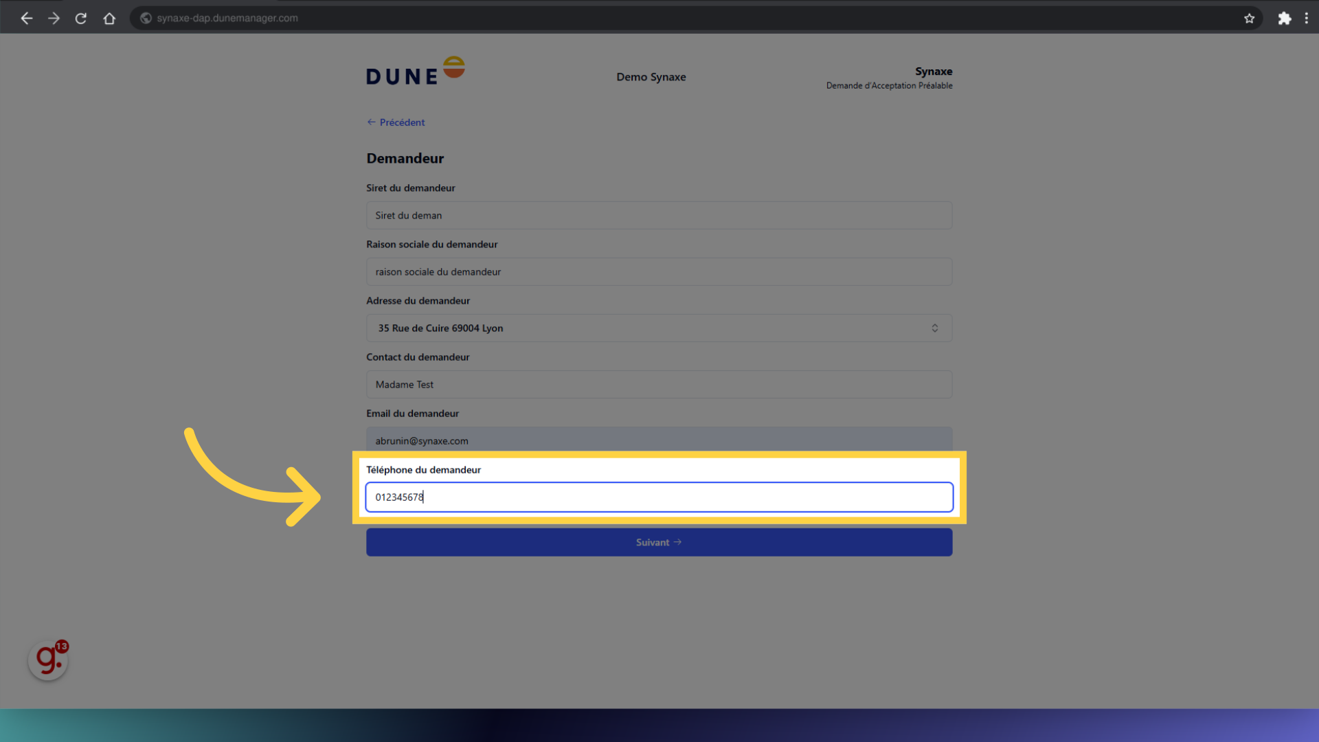 Remplir le téléphone du demandeur