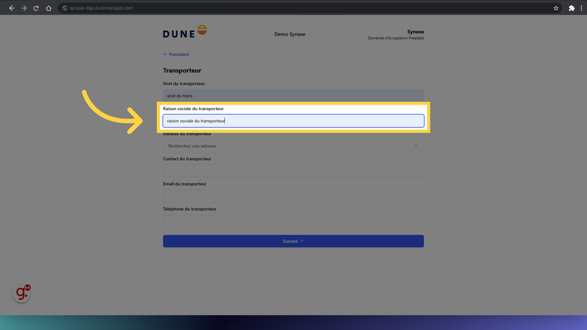 Remplir 'raison sociale du transporteur'