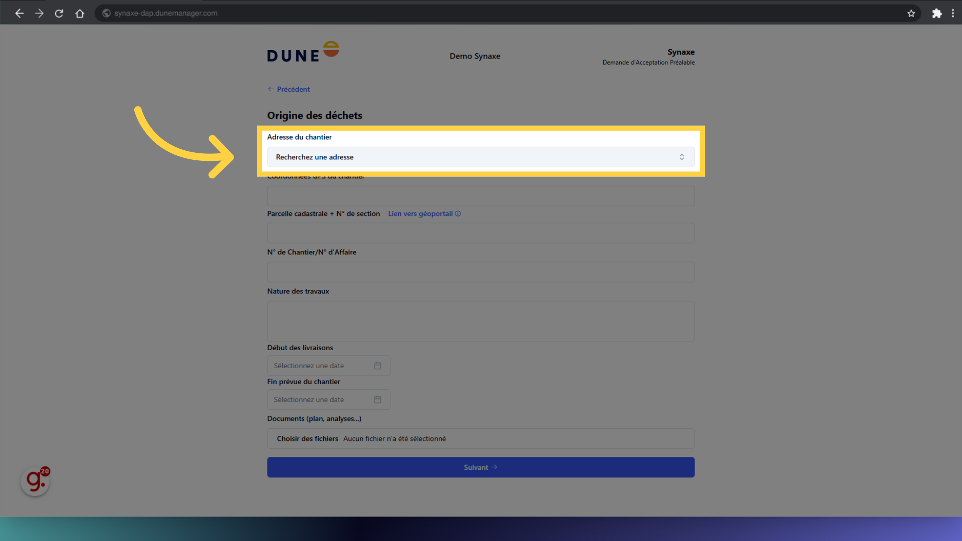 Cliquez 'Recherchez une adresse'