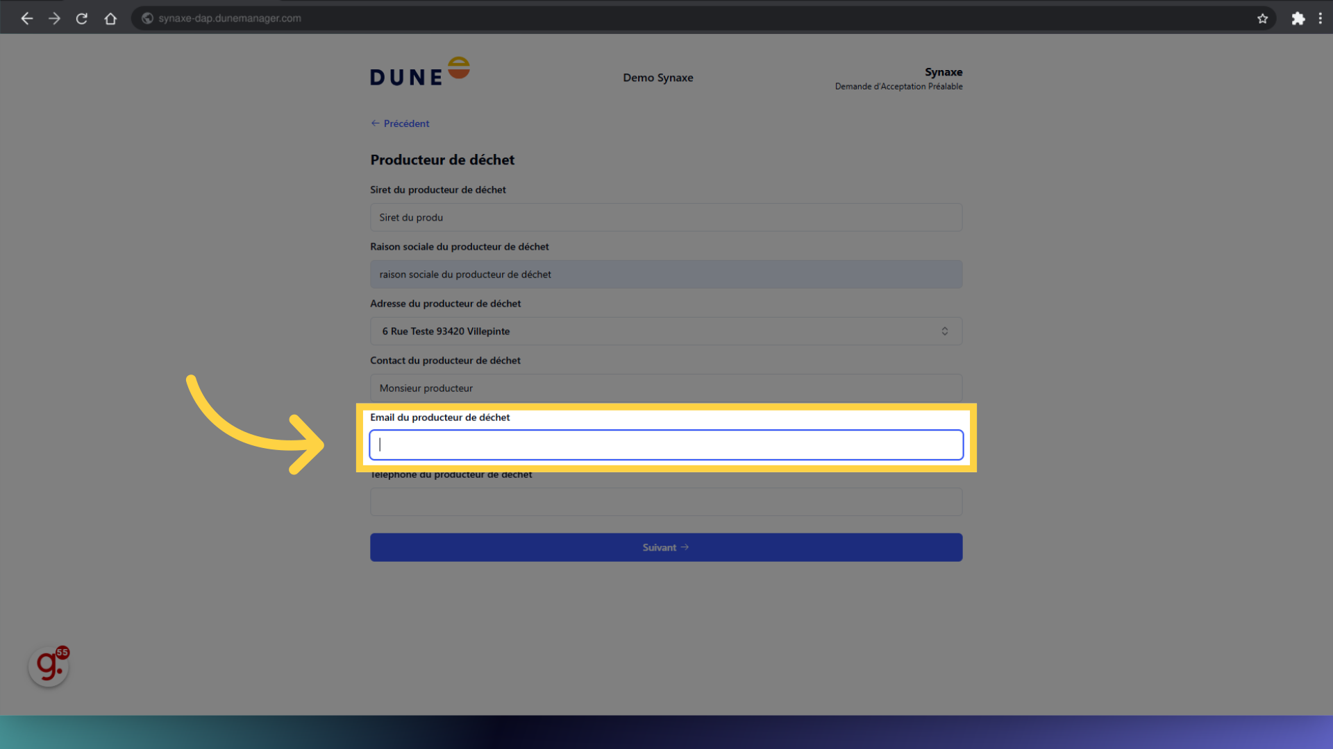 Remplir 'Email du producteur de déchet'