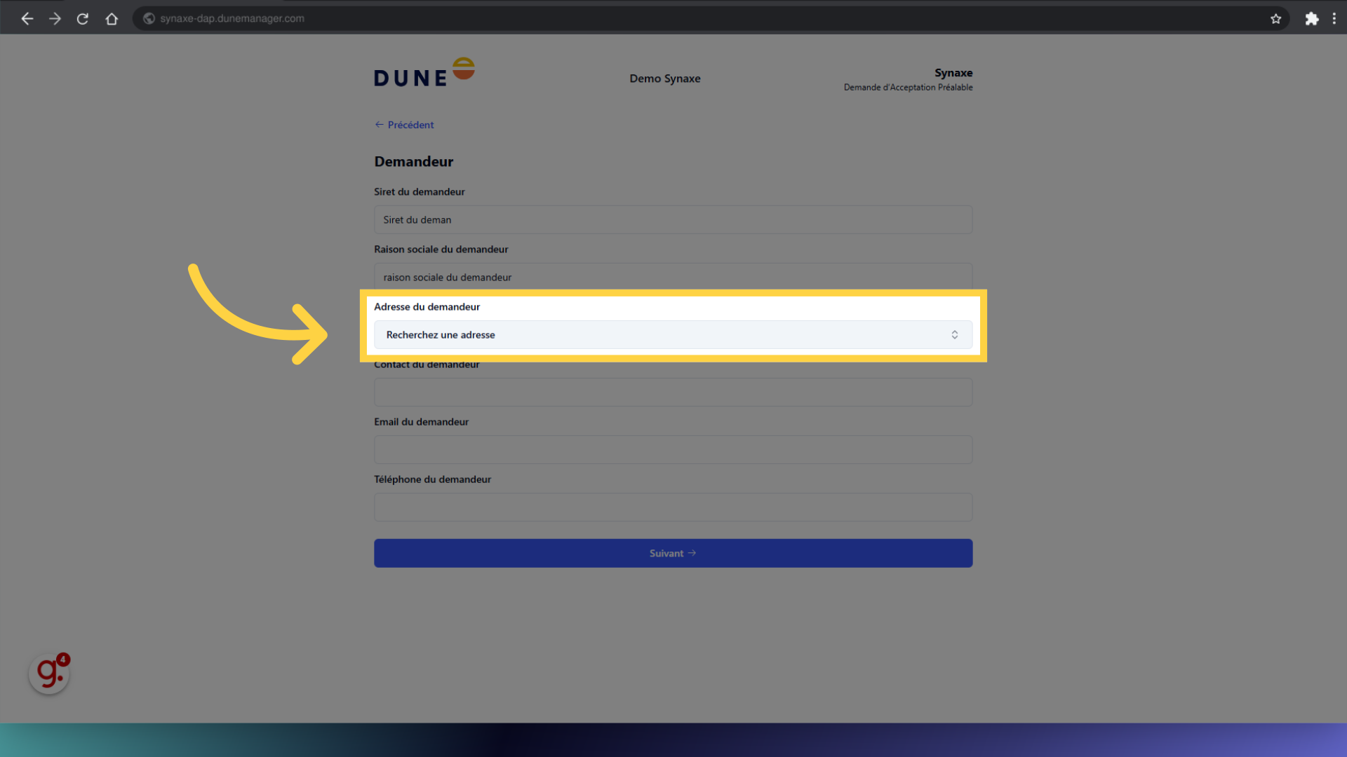 Cliquez 'Recherchez une adresse'