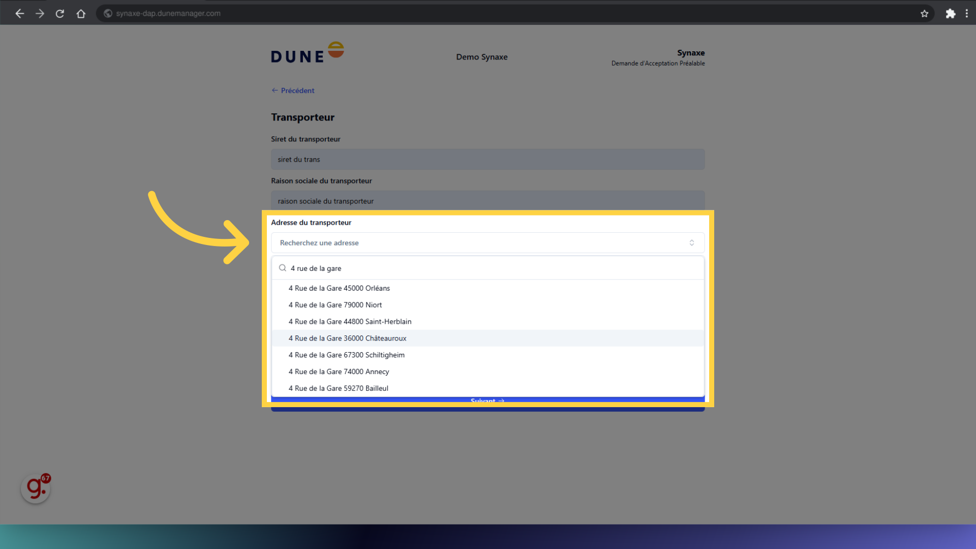 Remplir l'adresse du Transporteur