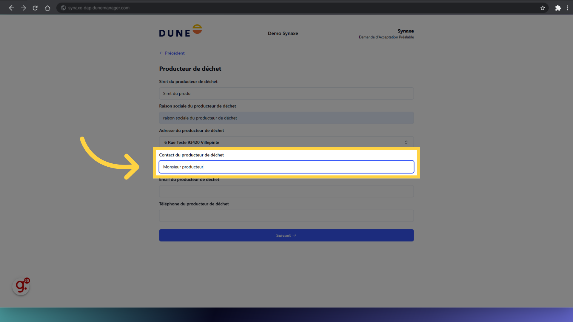 Remplir le contact du producteur