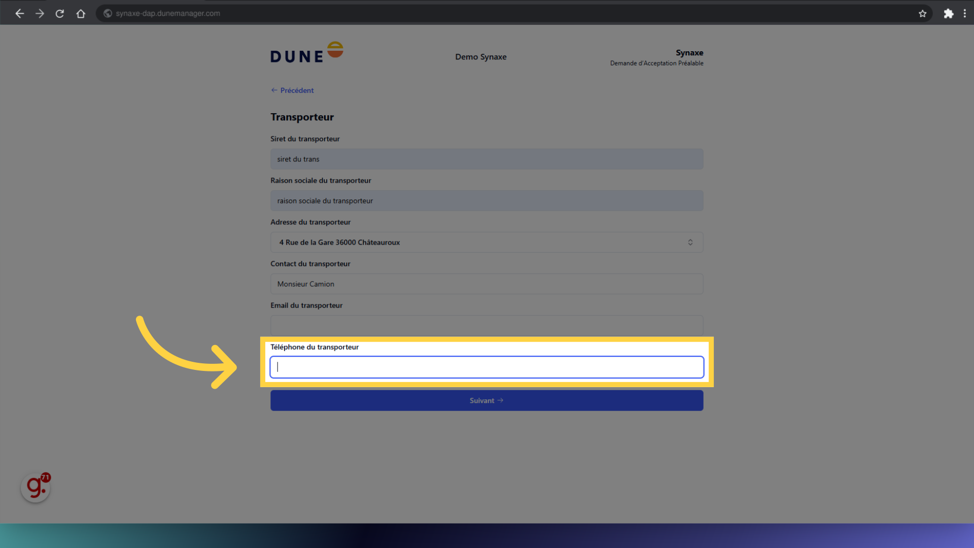 Remplir 'Téléphone du transporteur'