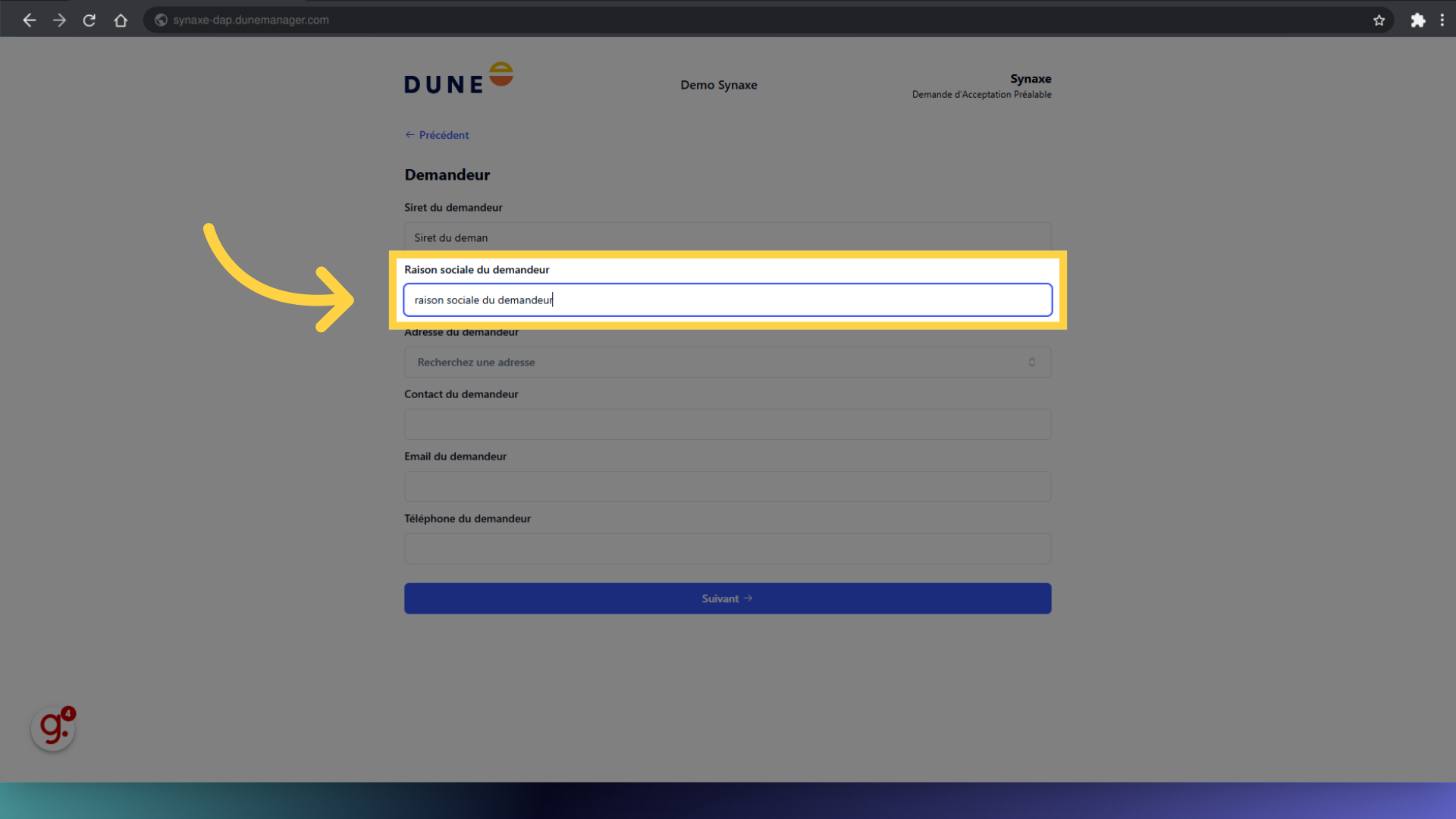 Remplir 'raison sociale du demandeur'