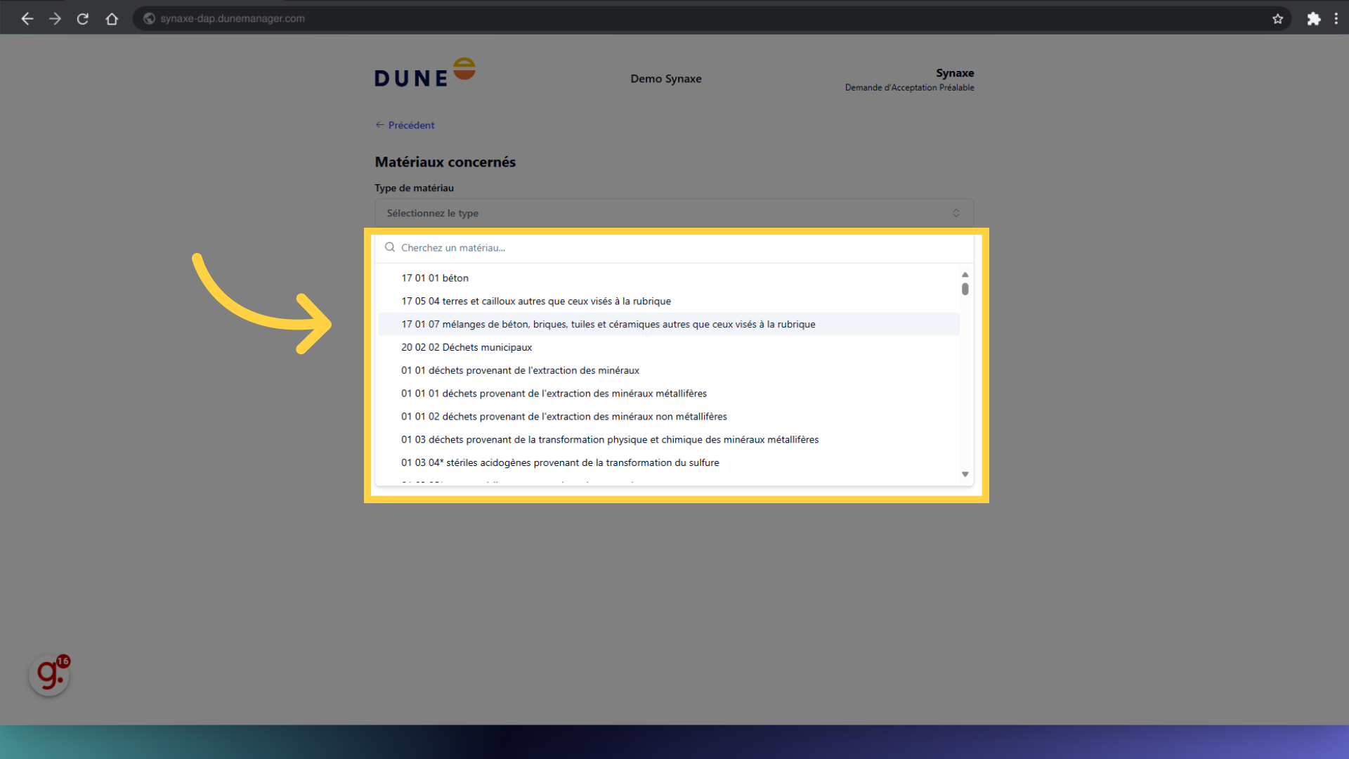 Choisir le type de produit dans le menu déroulant