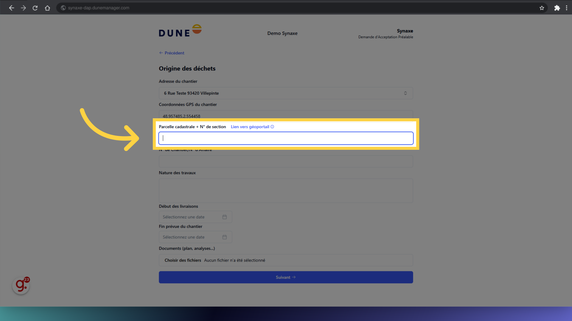 Remplir 'Parcelle cadastrale + N° de section'