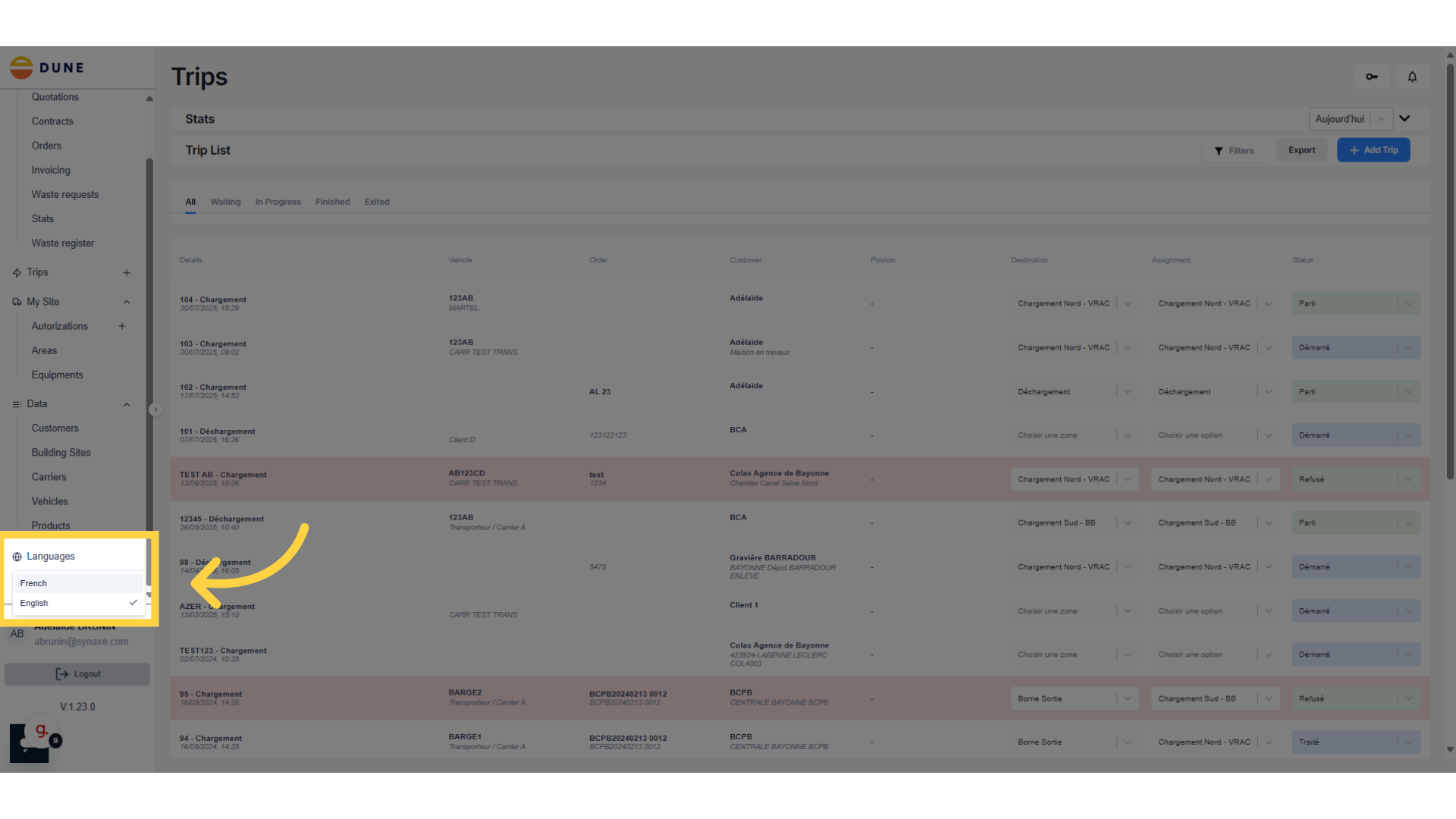 Cliquez sur traduction