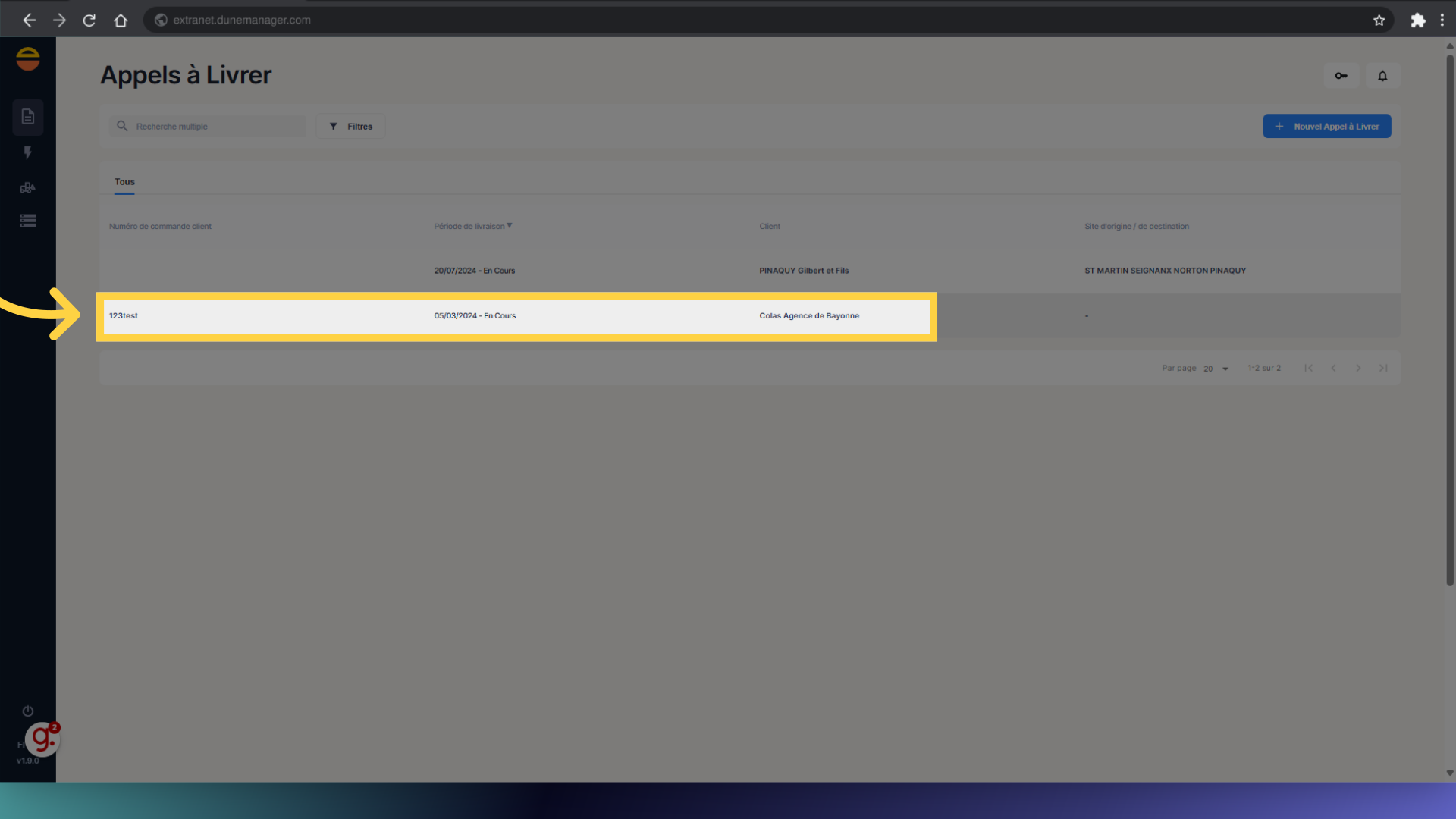 Sélectionnez l'Appel à Livrer souhaité