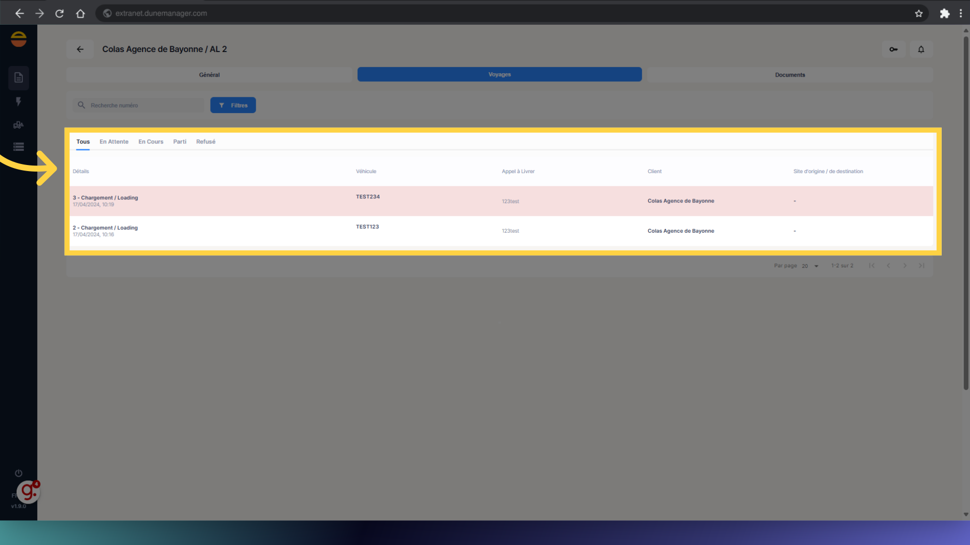 Visualisation de la liste des Voyages