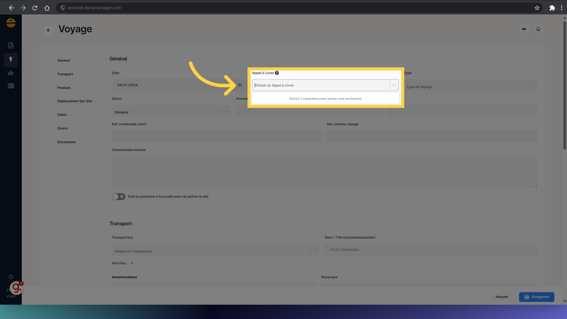 Si connu, renseignez le code d'Appel à Livrer
