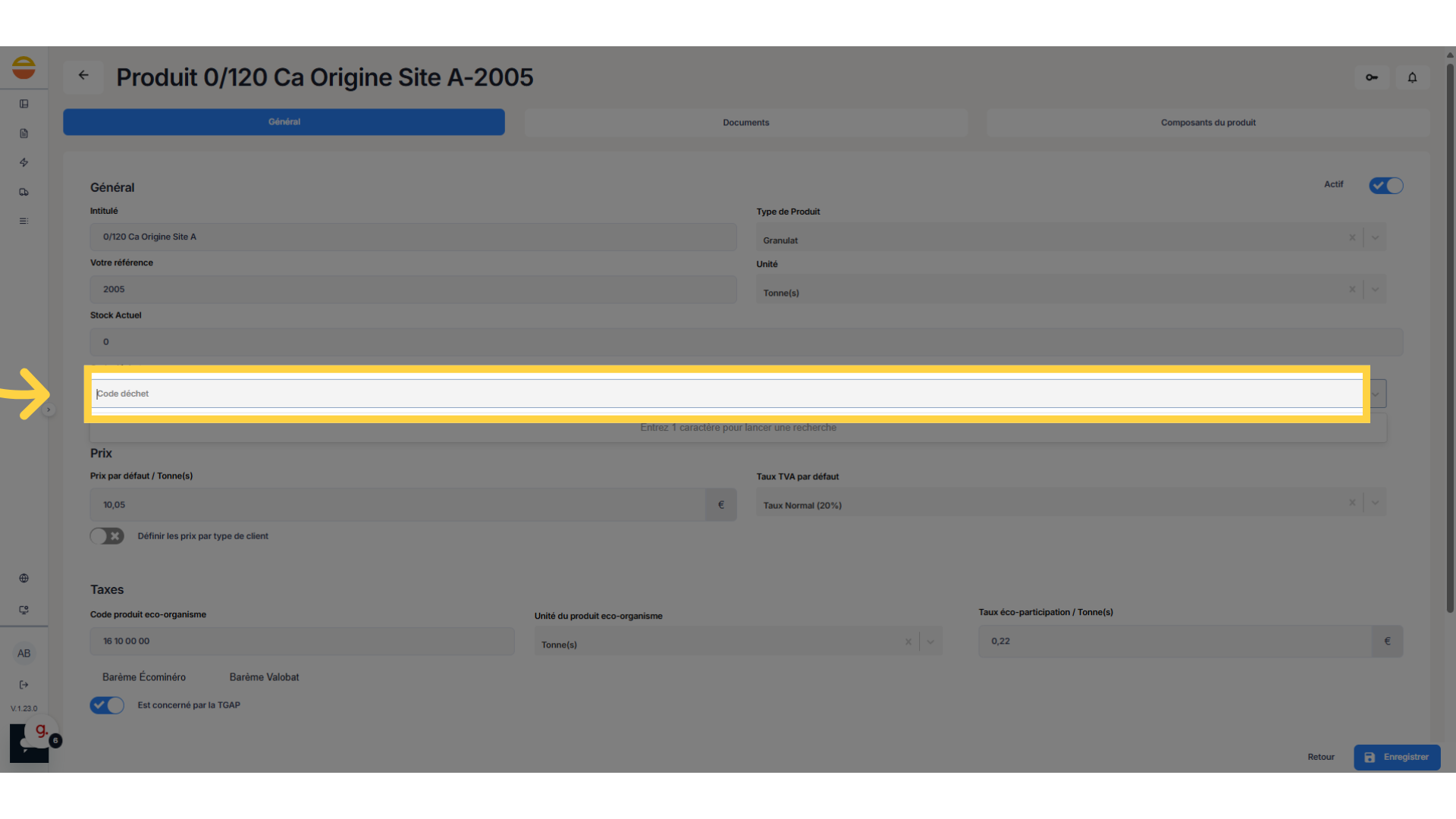 Renseignez le code déchet