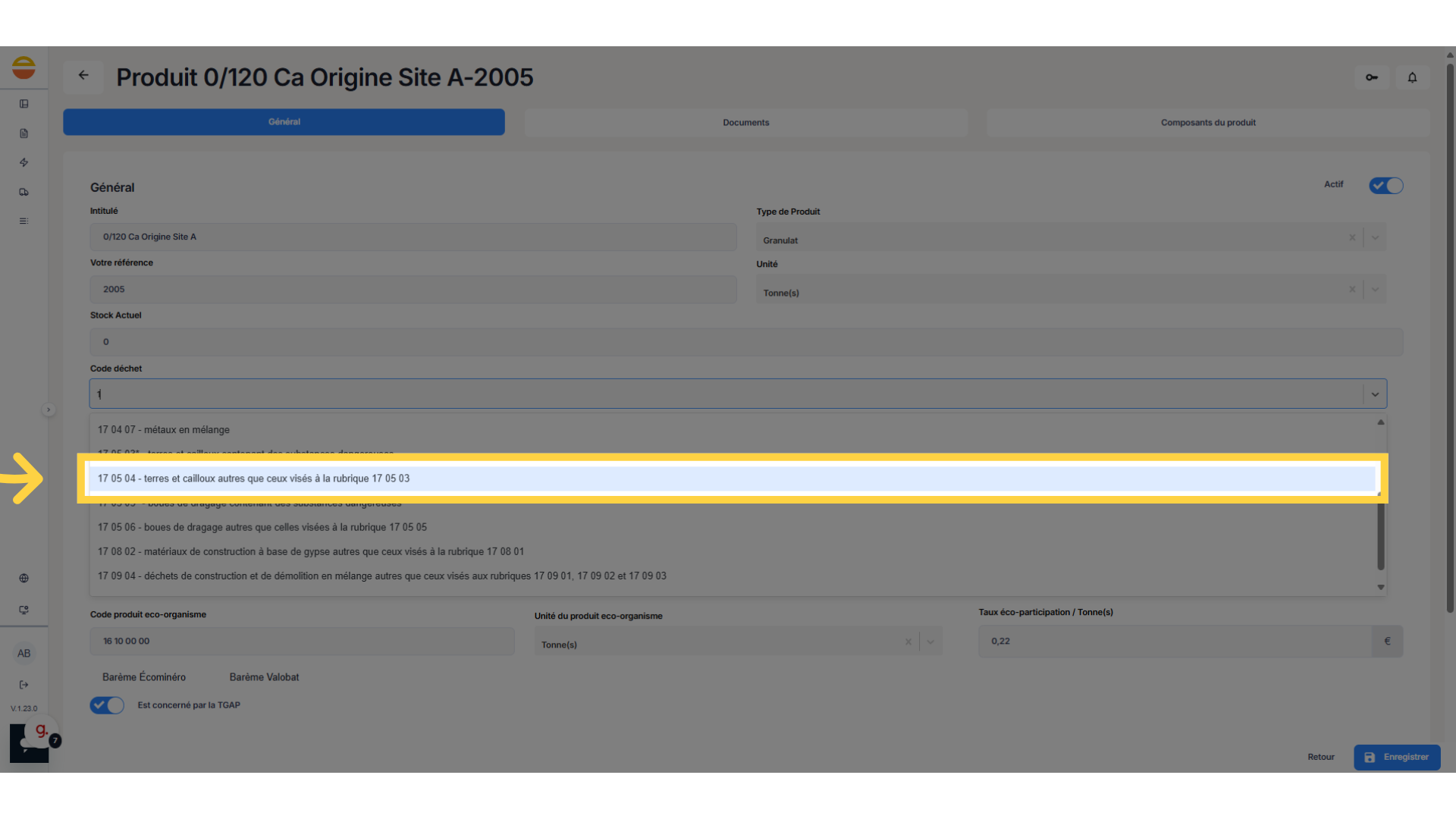 Sélectionnez le code dans le menu déroulant