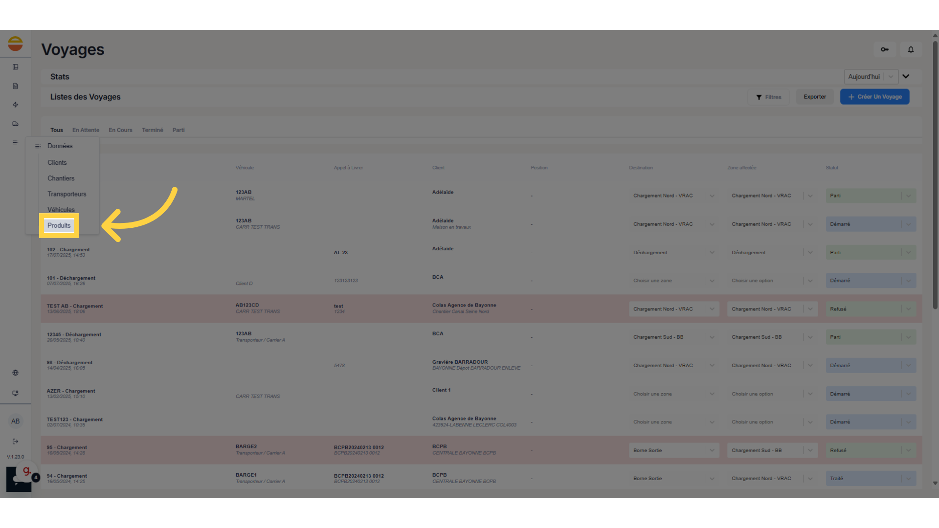 Cliquez sur 'Produits'