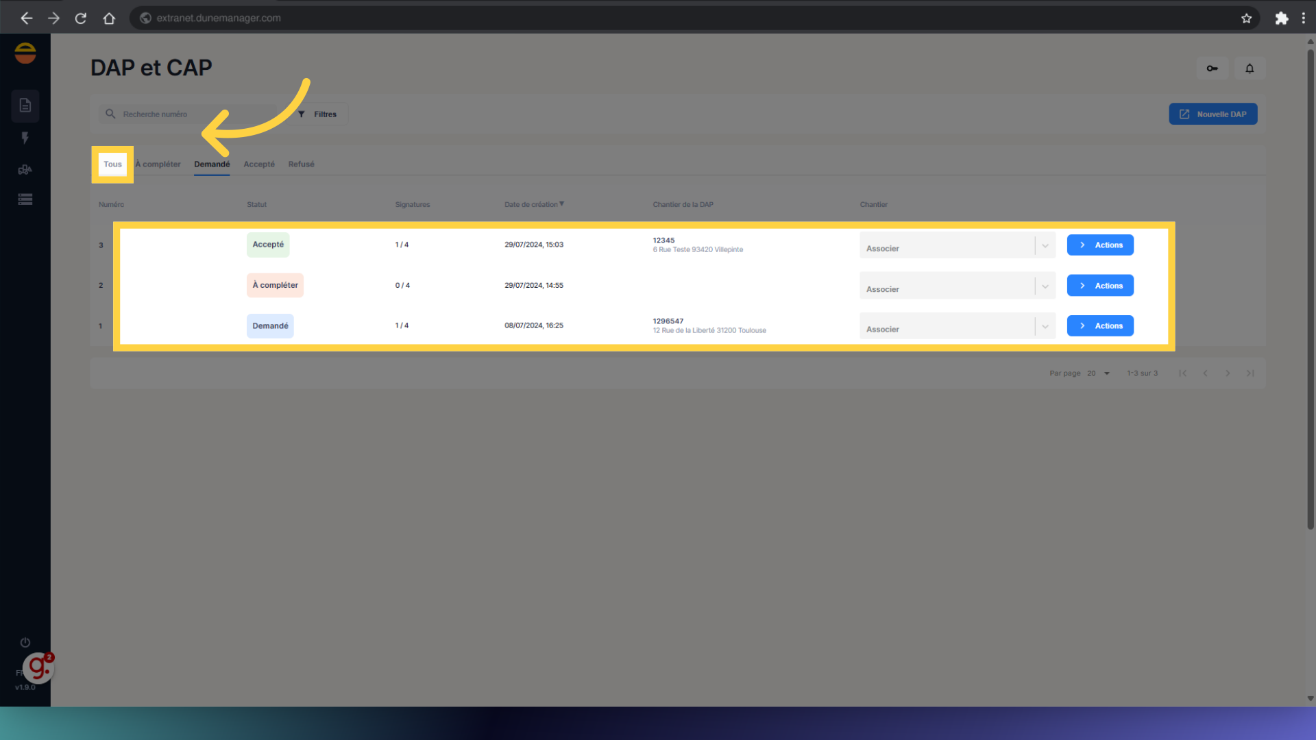 Cliquez 'Tous' pour afficher la liste des DAP