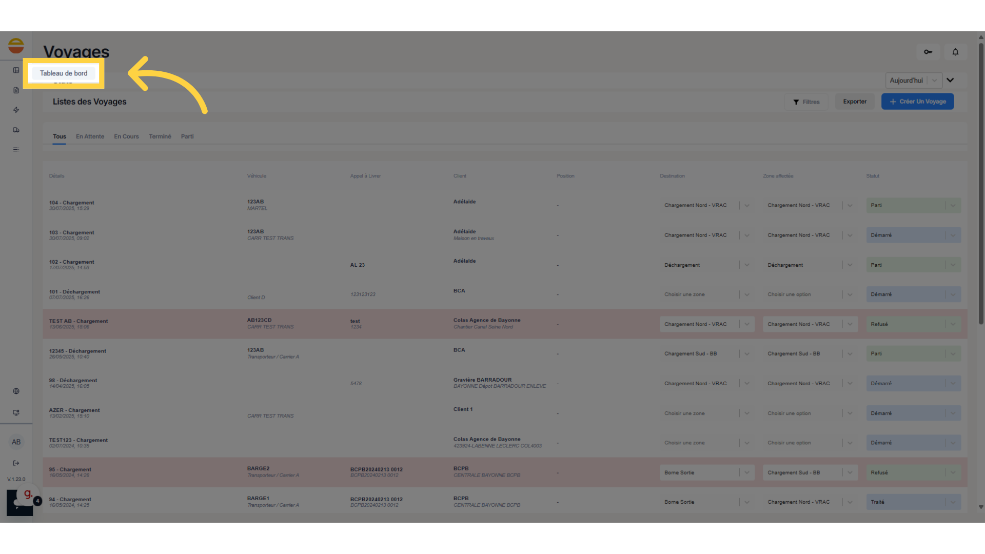 Cliquez sur 'Tableau de bord'