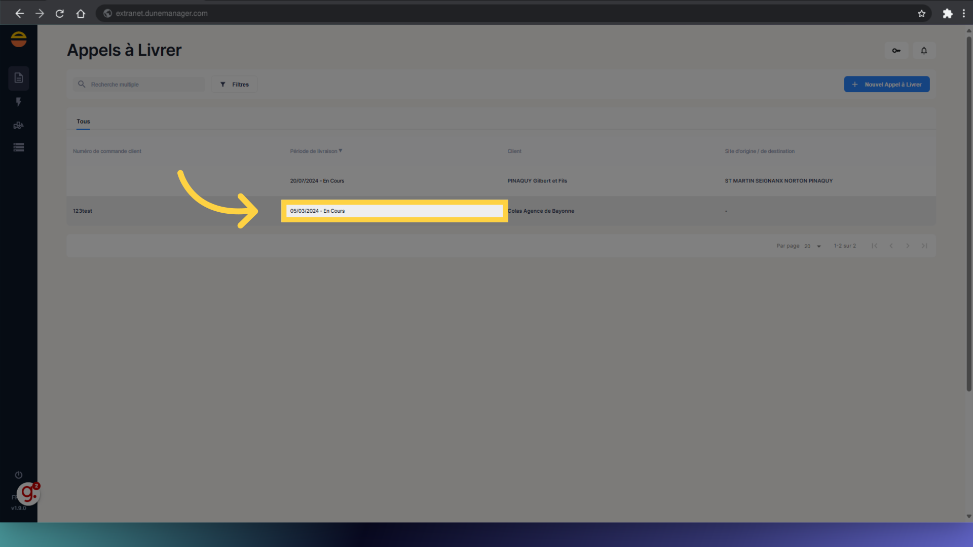 Sélectionnez l'Appel à Livrer souhaité