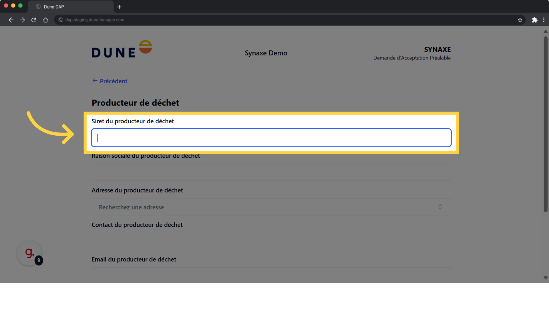 Renseignez le SIRET du producteur