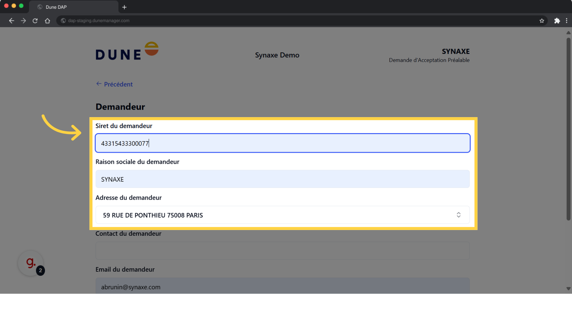 Renseignez le SIRET du demandeur