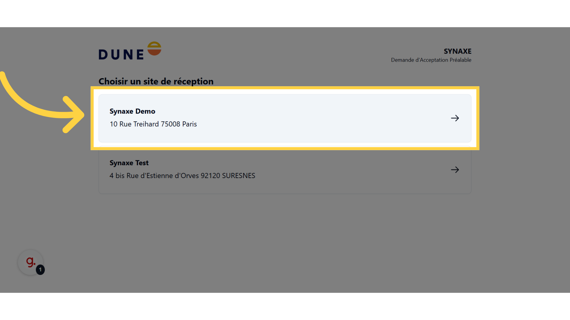 Sélectionnez le site de réception