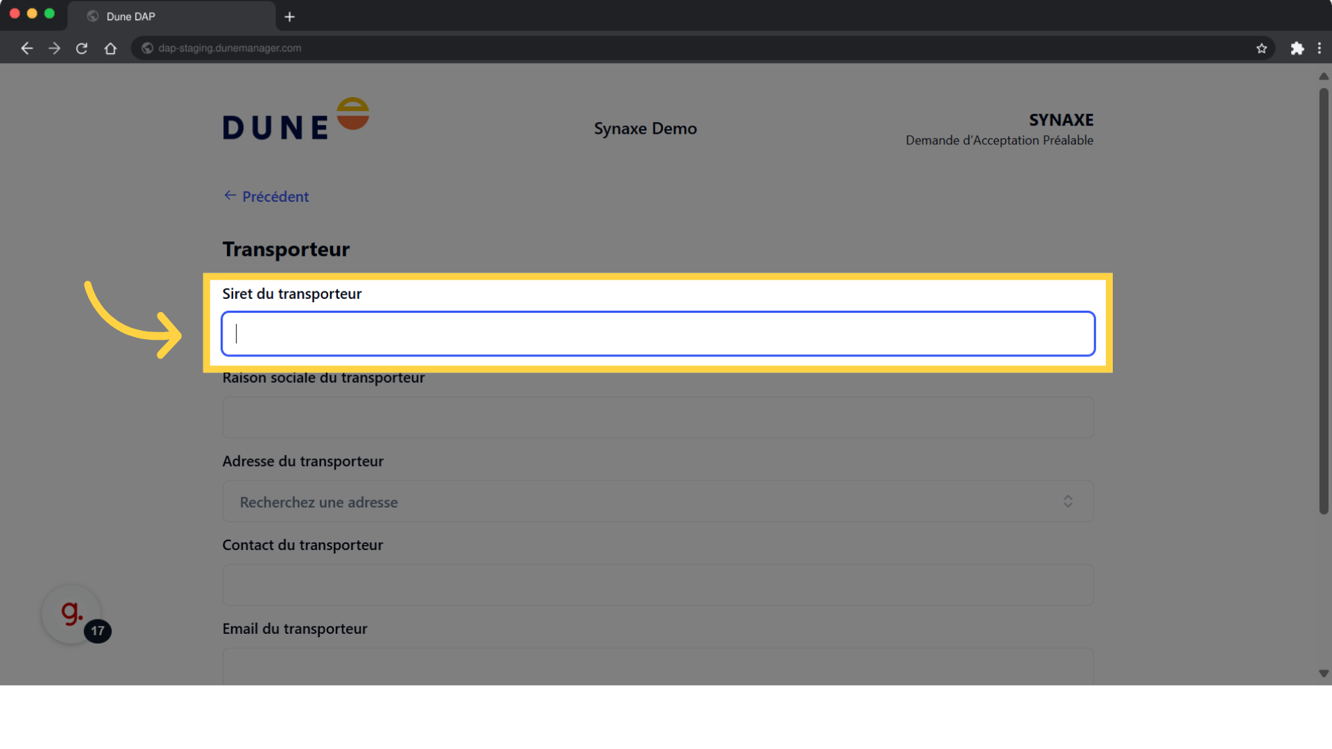 Renseignez le SIRET du transporteur