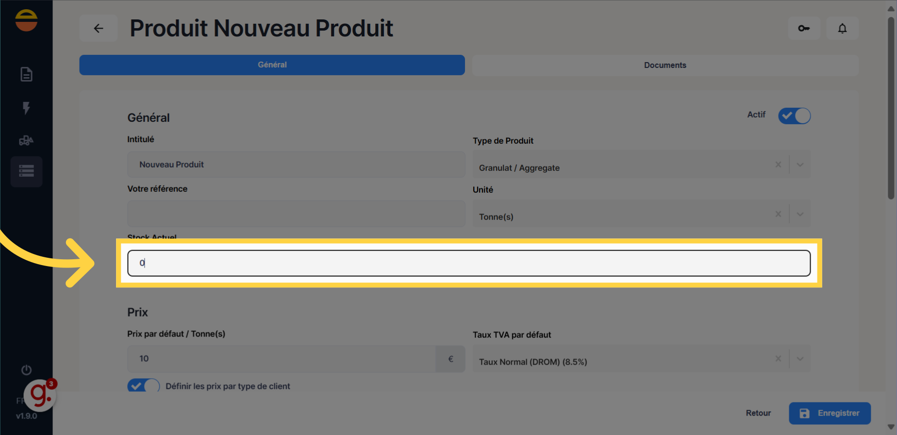 Saisir la valeur du stock actuel